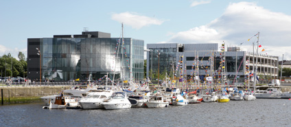 Yachts in the canting basin at Pacific Quay